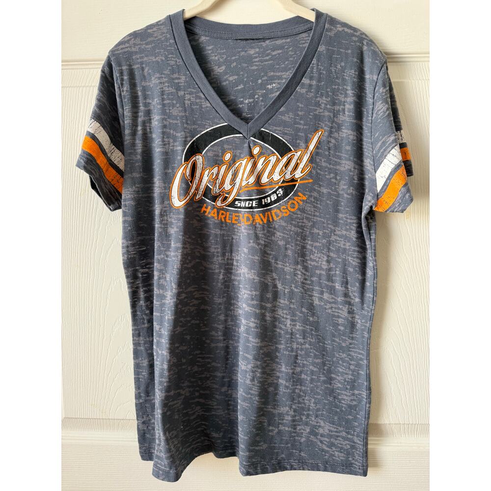 Harley Davidson Motorcycles Route 66 V Neck Tee Gray Burnout Graphic Est Sz M